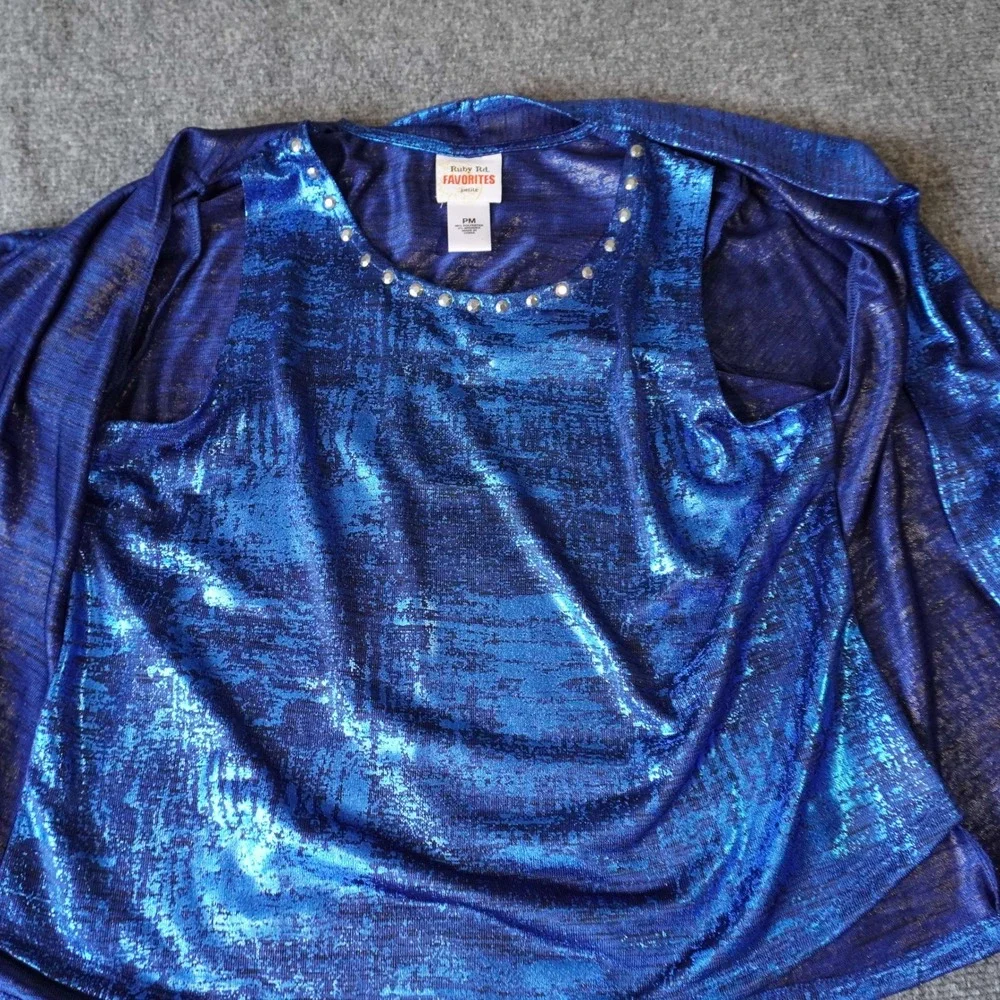 Ruby Rd. Petite Blue Metallic Jacket & Tank Top‎ Set Rhinestone Trim PM